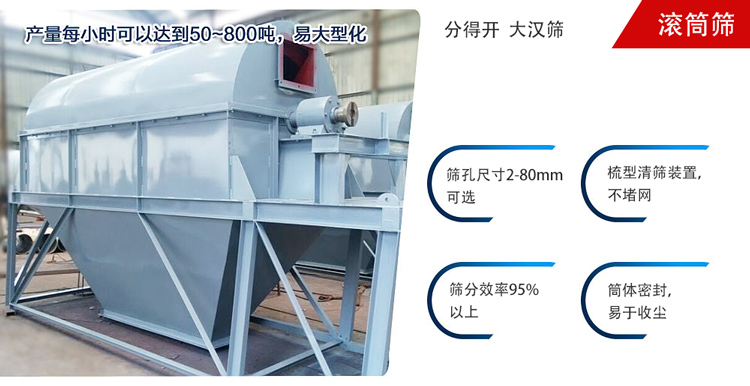 滾筒篩分開放式,封閉式兩種選擇無塵篩分。無軸滾筒：適用生活垃圾等一些有一定纏繞性物料;有軸滾筒：適用石料，砂土等含水量較少的物料