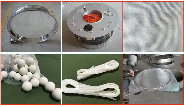 800型全不銹鋼振動篩配件有：振動篩篩框，電機，不銹鋼篩網等。