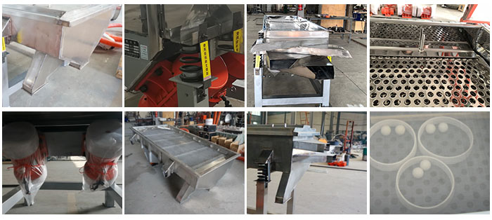 不銹鋼直線篩不同定制出料口，電機，篩網(wǎng)，篩箱，彈跳球等部件細節(jié)展示