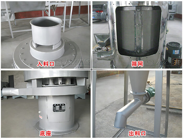 氣流篩部件展示：入料口，篩網，底座，出料口等。
