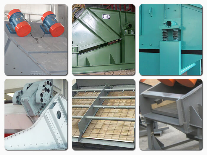 礦用振動(dòng)篩主要由激振器、篩體、篩網(wǎng)、減振裝置及座架等組成。篩箱由篩框、篩板、襯板等組成