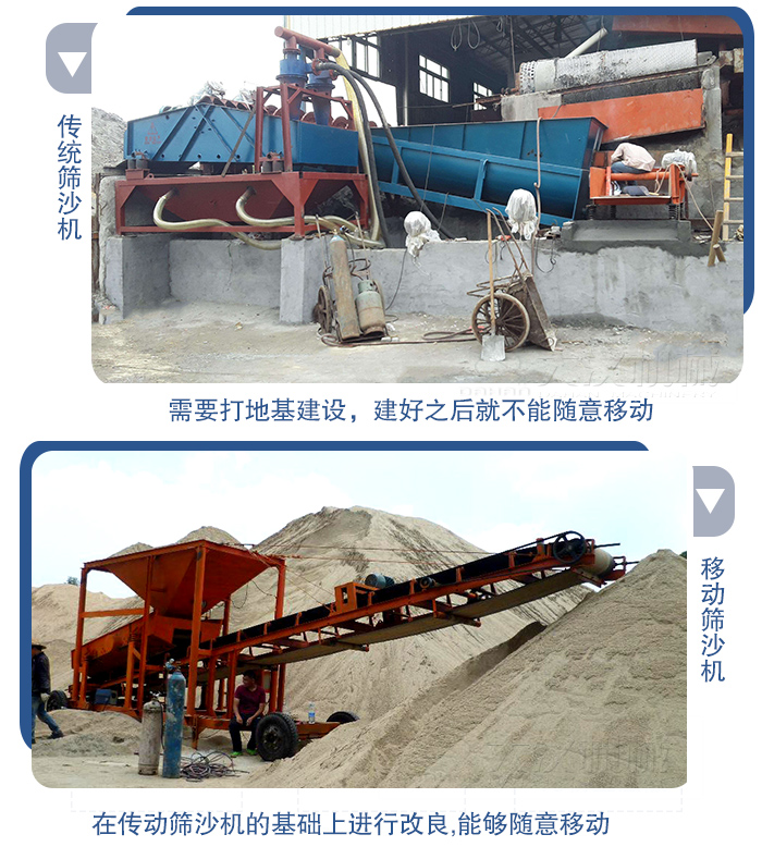 移動的篩沙機在安裝前需要打地基，而固定完畢后就不能隨意的移動，而移動篩沙機不需要打地并且隨時能夠進行移動。