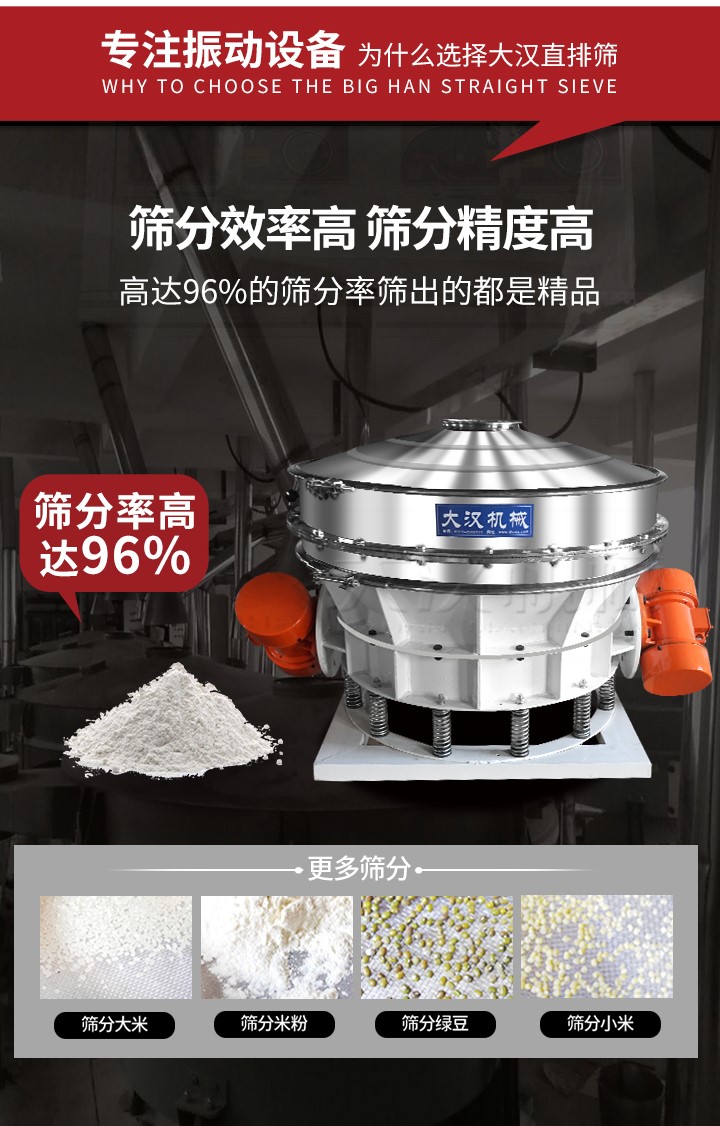 直排篩適用物料有面粉，淀粉，洗衣粉，金屬粉，添加劑，化工，非礦等行業(yè)。
